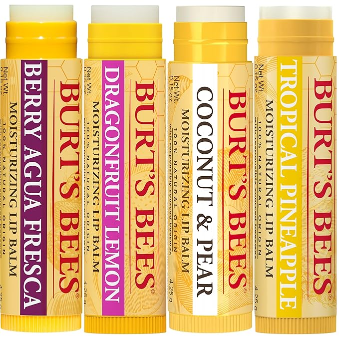 Burt's Bees Lip Balm - Berry Agua Fresca, Dragonfruit Lemon, Coconut & Pear, Tropical Pineapple Pack, With Beeswax, Tint-Free, Natural Origin Lip Treatment, 4 Tubes, 0.15 oz.