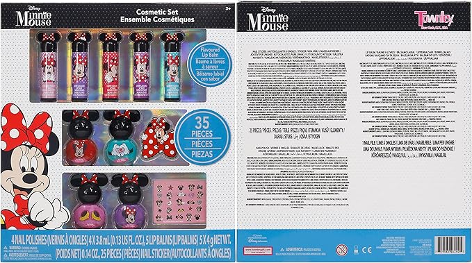 Townley Girl Disney Minnie Mouse Sparkly Cosmetic Makeup Set for Girls with Lip Balm Nail Polish Nail Stickers-35 Pcs|Perfect for Parties Sleepovers Makeovers|Birthday Gift for Girls above 3 Yrs, Kid