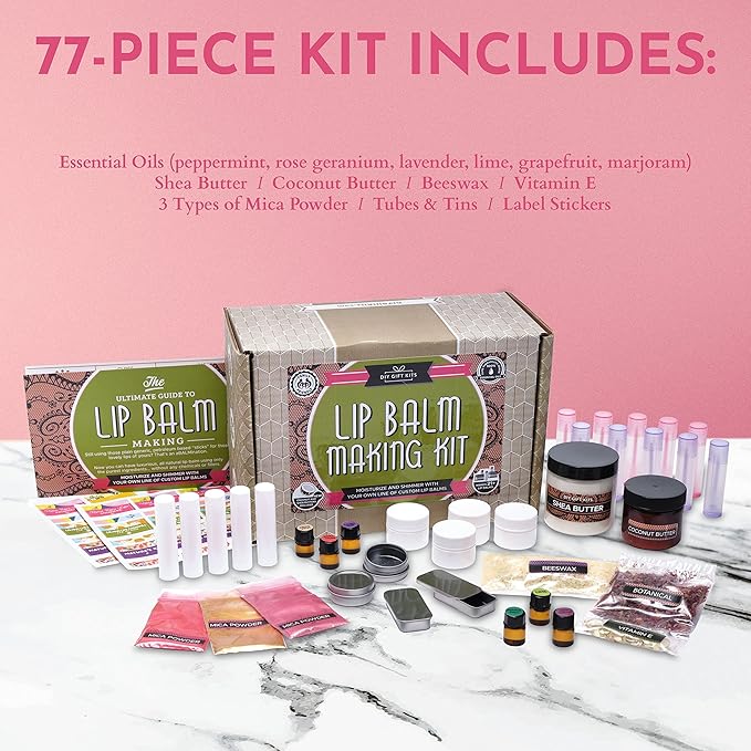 Deluxe Lip Balm Kit with Filling Tray, (77-Piece Set) For Making Your Very Own Clear & Colored DIY Lip Balms! | Includes Tubes, Bees Wax Pouch, 100% Pure Therapeutic Essential Oils & More
