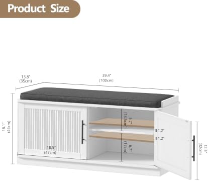 Akxomel 39.4" Fluted Shoe Storage Bench 2 Doors Wooden Entryway Bench White - Image 3