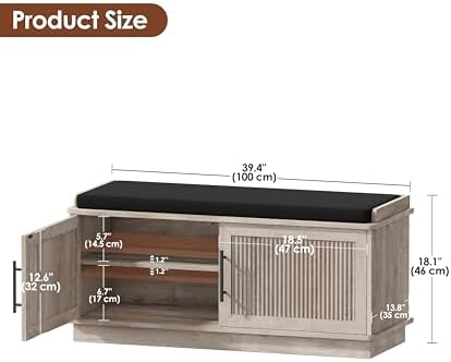 Akxomel 39.4" Fluted Shoe Storage Bench 2 Doors Wooden Entryway Bench Grey - Image 3