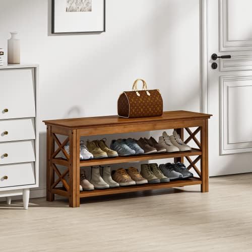 Bamworld Shoe Rack Bench with Storage 3 Tier Bamboo Shoe Bench Entryway Rustic by Bamworld
