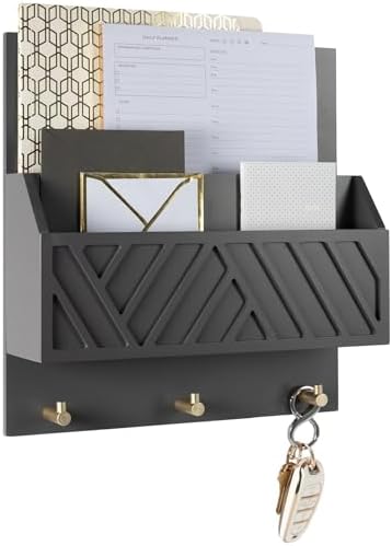 BLU MONACO | Wall-Mounted Mail and Key Holder in Grey Wood | Two-Tier Mail by Blu_Monaco