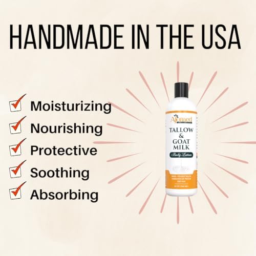 Grass Fed Beef Tallow & Goat Milk Body Lotion for Sensitive Skin, Organic Tallow moisturizer- Soothes Dry Patches, Goat Milk Moisturizer - Handmade Tallow Body Lotion (Oatmeal & Honey, 12 Oz)