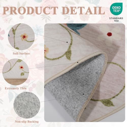 DUKINO 5ft Round Rug, Non Slip Floral Washable Small Circle Rug - Image 5
