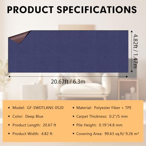 Grefinity Marine Carpet, 5 FT x 20 FT Deep Blue Indoor Outdoor Carpet - Image 2
