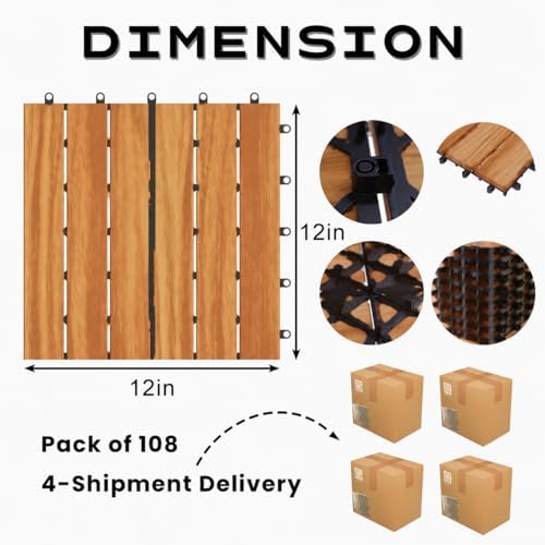 Solid Acacia Wood Interlocking Deck Tiles, 12 x 12 Inch Waterproof Snap - Image 2