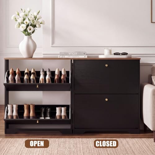 Nicetree 2 Flip‑Drawer Shoe Cabinet, Walnut Top, 9.5" Deep, Light Black - Image 5