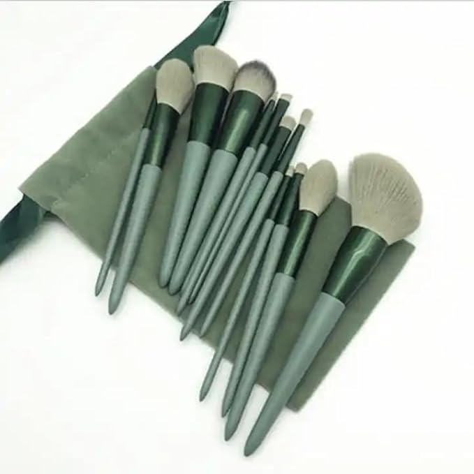 Foundation Makeup Brush Set Kit | 13 Pcs Premium Synthetic Kabuki Eye Shadows Make Up Brushes + 1 Sponge + 1 Brush Bag for Travel and Home Use (GREEN)