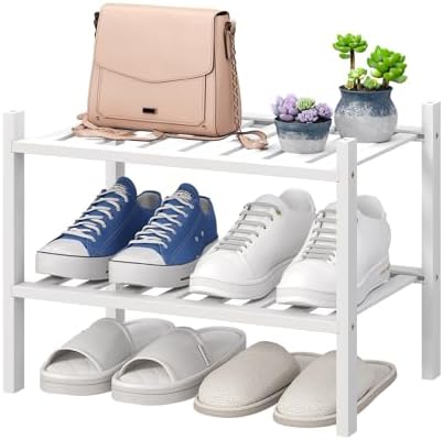 viewcare White Small Shoe Rack for Entryway, 2-Tier Bamboo Shoe Organizer for by VIEWCARE