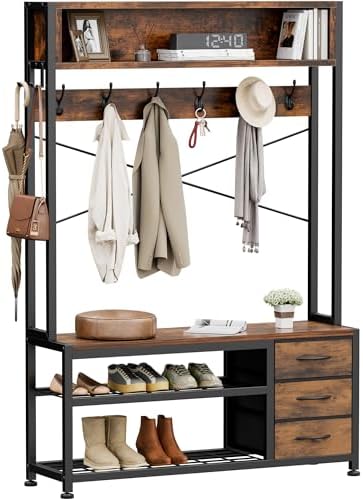 Hall Tree with Bench and Hooks, 39.4" Shoe and Coat Rack Entryway Organizer by Lulive