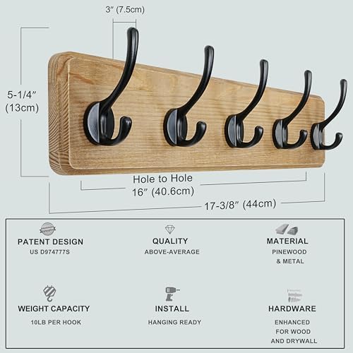 Dseap Coat Rack Wall: Patented, Heavy-Duty, 17.4" Long 5-Double-Hooks Wooden - Image 6