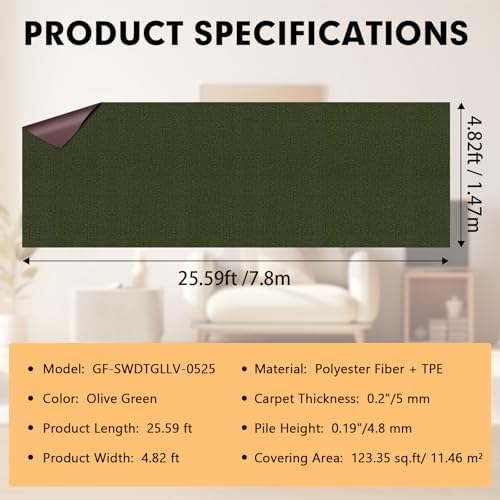 Grefinity Marine Carpet, 5 FT x 25 FT Olive Green Indoor Outdoor Carpet - Image 2