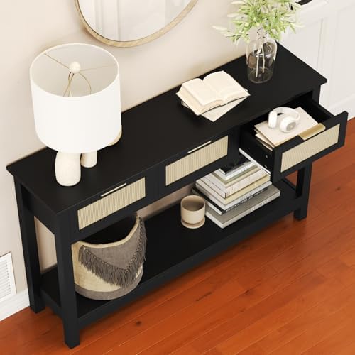 Luoxiao Rattan Console Table 3-Drawer 47" Narrow Black Entryway Sofa Table - Image 2