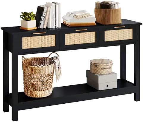 Luoxiao Rattan Console Table 3-Drawer 47" Narrow Black Entryway Sofa Table by Luoxiao
