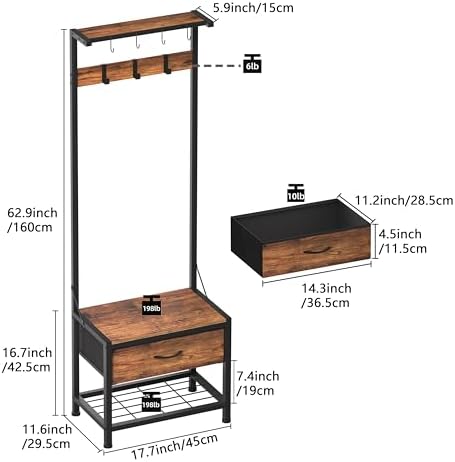 LUMTOK Hall Tree with Shoes Bench Storage, Small Coat Rack with Drawers - Image 5