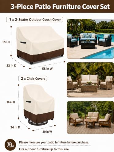 Patio Furniture Covers 3 Piece Set 2 Swivel Chair Covers + Loveseat Cover - Image 2