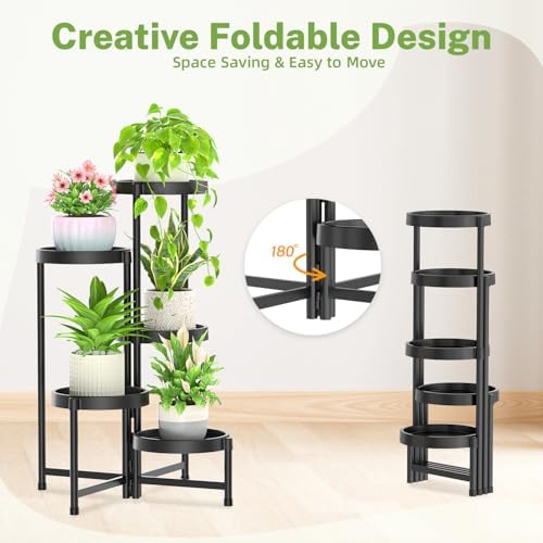 iDavosic.ly 5 Tier Folding Plant Stand Indoor Outdoor, Plastic Tray - Image 3