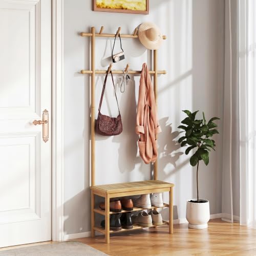 GIANTEX 3-in-1 Hall Tree with Bench and Shoe Storage, 11 Hanging Rods by Giantex