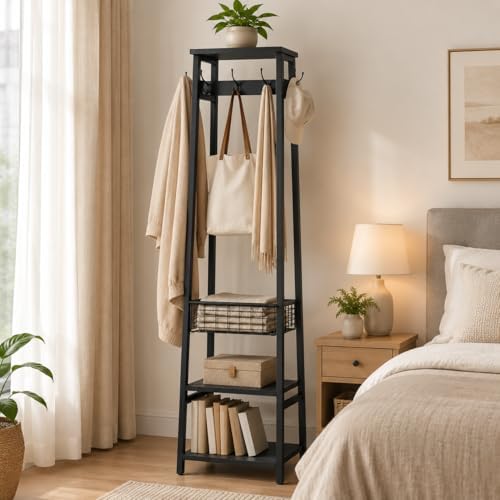 Coat Rack with Metal Basket and Storage Shelves - Image 4