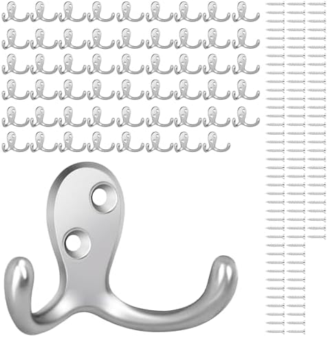 Homanu 54 Pack Silvery Coat Hooks Wall Mounted Double Prong by Homanu