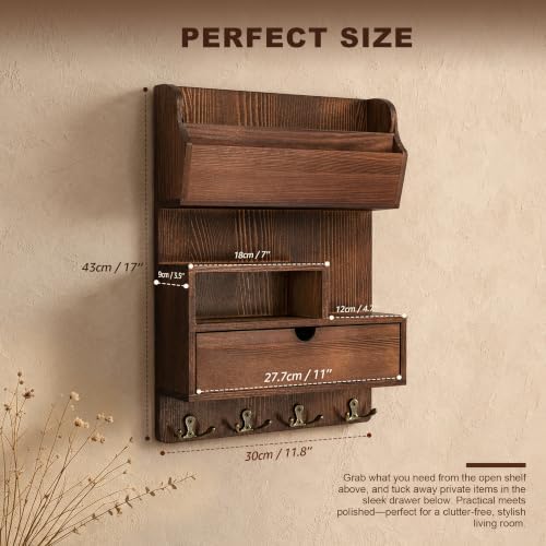 Rebee Vision Key Holder Wall Mount, Mail Organizer & Drawer, Retro Brown - Image 2