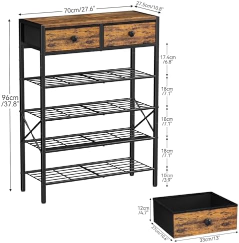 5 Tier Shoe Rack with 2 Drawers, 16-20 Pairs Rustic Brown - Image 3