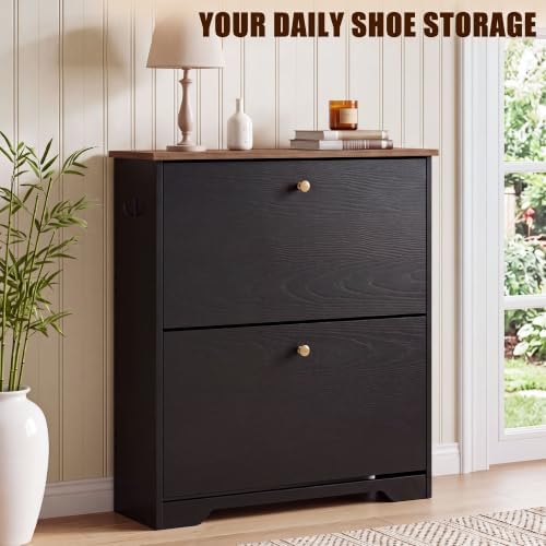 Nicetree 2 Flip‑Drawer Shoe Cabinet, Walnut Top, 9.5" Deep, Light Black - Image 3