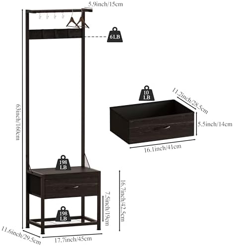 LUMTOK Hall Tree with Shoes Bench Storage, Small Coat Rack with Drawers - Image 4