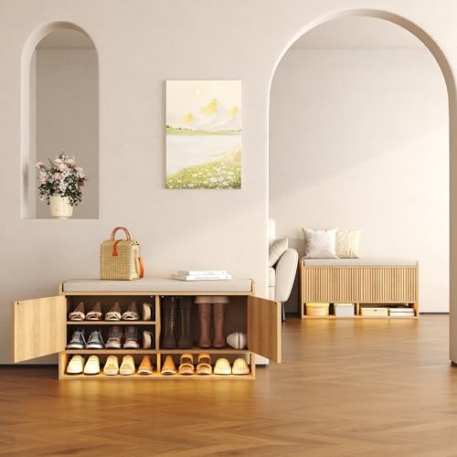 HOMEFORT 39.4" Fluted Shoe Storage Bench, Entryway Bench - Image 3