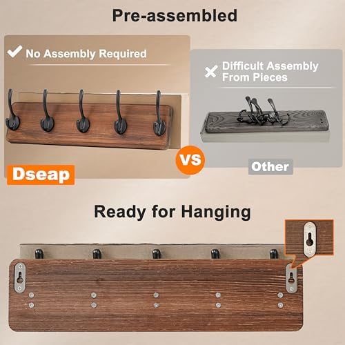 Dseap Coat Rack Wall: Patented, Heavy-Duty, 17.4" Long 5-Double-Hooks Wooden - Image 3
