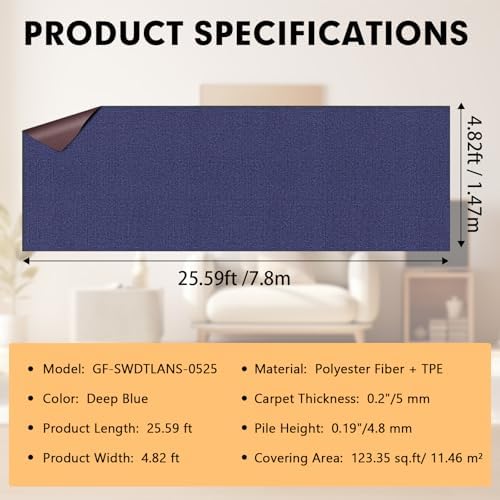 Grefinity Marine Carpet, 5 FT x 25 FT Deep Blue Indoor Outdoor Carpet - Image 2