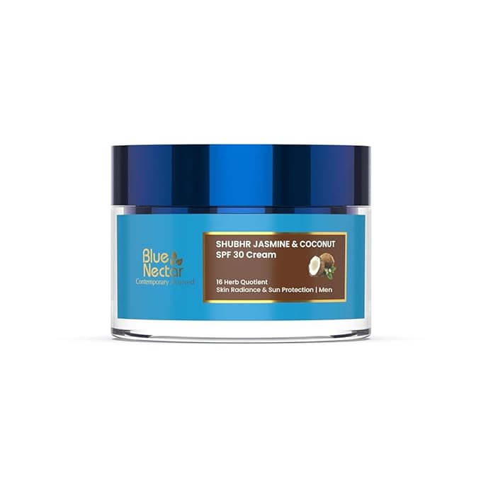 Blue Nectar Coconut Face Cream with SPF 30 Sunscreen for Men | Plant Based Oil Free Moisturizer for Face with Vitamin E |Sunscreen for Oily, Dry & Sensitive Skin (16 Herbs, 1.76 FlOz)