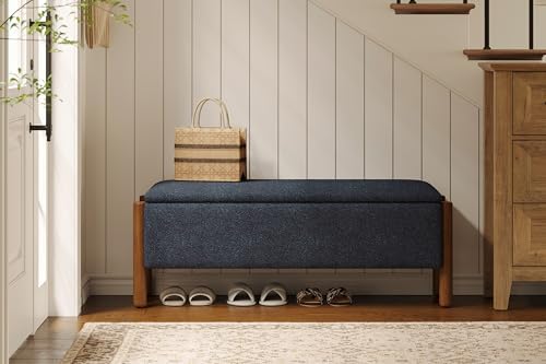 Modern Storage Benches with Walnut Wood Legs, Fabric Upholstered Entryway Bench - Image 4