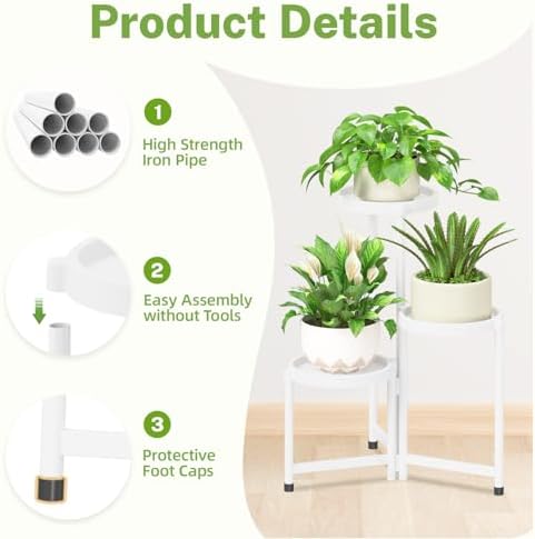 iDavosic.ly 3 Tier Folding Plant Stand Indoor Outdoor, Plastic Tray - Image 4