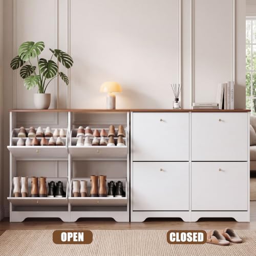 Nicetree 4 Flip‑Drawer Shoe Cabinet, Walnut Top, 9.5" Deep, Light White - Image 5