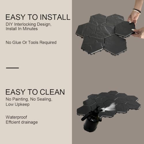JJWOOD Hexagonal Stone-Look Interlocking Deck Tiles, Matte Rock Texture Outdoor - Image 6