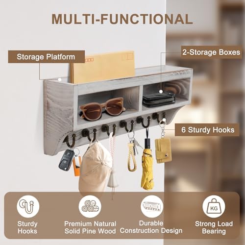 Key Holder Wall Mount with Mail Organizer, 6 Hooks & Shelf - Image 3