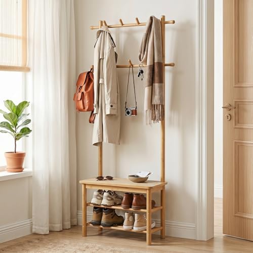 GIANTEX 3-in-1 Hall Tree with Bench and Shoe Storage, 11 Hanging Rods - Image 2