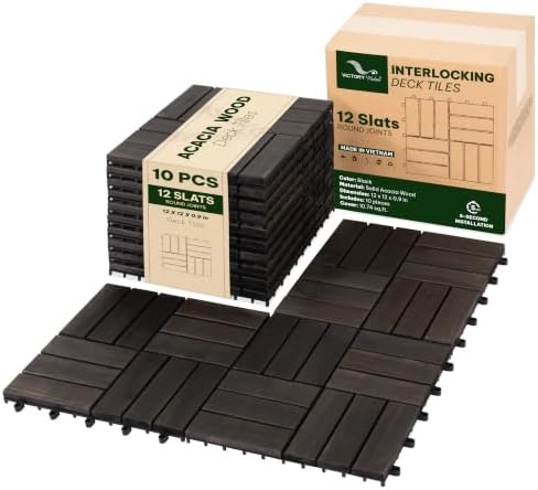 Acacia Interlocking Deck Tiles, 12 Slats, Ebony Black by VICTORYRELAX