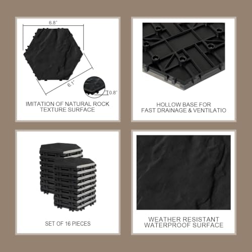 JJWOOD Hexagonal Stone-Look Interlocking Deck Tiles, Matte Rock Texture Outdoor - Image 2