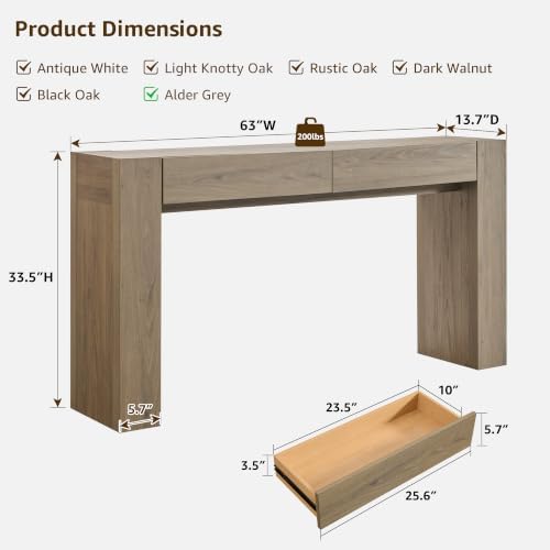 OKD 63" Console Table with Drawers, Thick Block Entryway Table, Alder Grey - Image 2