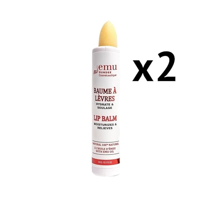 Emu Dundee | 2 Tubes of Natural Lip Balm with Emu Oil, Made in Canada | Relieves, Hydrates and Soothes Dry, Cracked & Chapped Lips | Fragrance Free(2x 3.8g)