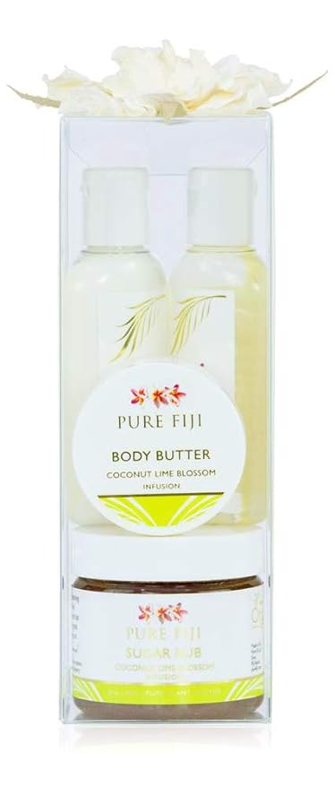 Pure Fiji Spa Gifts for Women and Man - Body Gift Box Include: Sugar Scrub , Bath and Body Oil, Body Butter and Body Lotion, Scent Coconut Lime Blossom