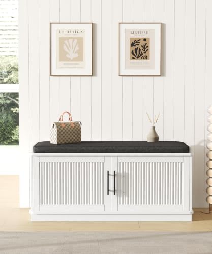 Akxomel 39.4" Fluted Shoe Storage Bench 2 Doors Wooden Entryway Bench White - Image 4