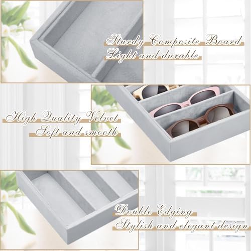 Amylove 4 Pcs Gray Sunglass Organizer Trays 4 Grids Velvet Glasses Holder - Image 3