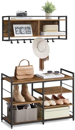 VASAGLE Hall Tree with Shoe Bench, 12 Metal Hooks, 4-Tier Shoe Rack by VASAGLEbySONGMICSHOME