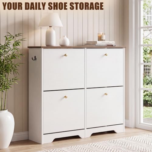 Nicetree 4 Flip‑Drawer Shoe Cabinet, Walnut Top, 9.5" Deep, Light White - Image 3