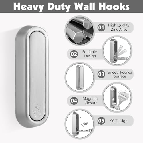 Folding Wall Hooks, 6 Pack, Zinc Alloy, Heavy Duty Coat Hooks - Image 2