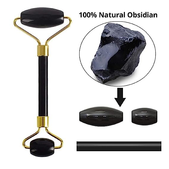 Black Obsidian Jade Facial Roller & Gua Sha Set 100% Natural Source from Highest Altitude of Himalayan Two-Sided Face Neck Massager Stone Beauty Tool